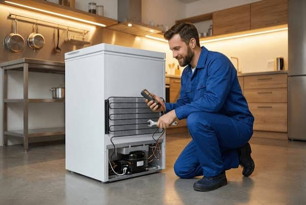 Technician performing emergency freezer repair
